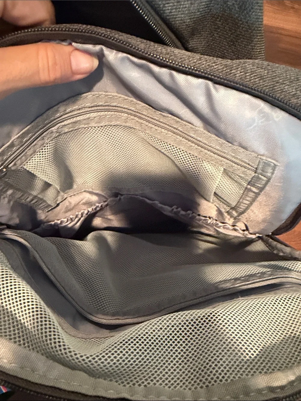 Gray Quilted Baby Backpack with Tan Accents
